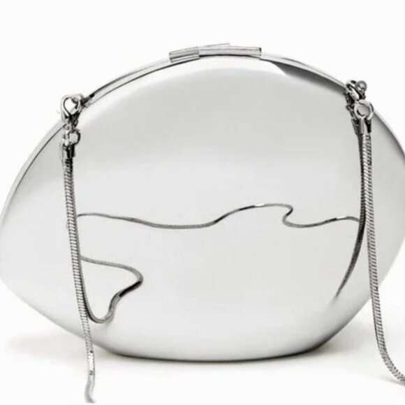 Zara Metallic Oval Minaudière Clutch | Rare Silver Box Bag | NWOT - Picture 2 of 10